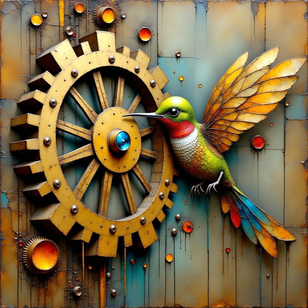 Steampunk painting. Close-up shot. A tiny clockwork hummingbird hovers near a giant, ornate cog.