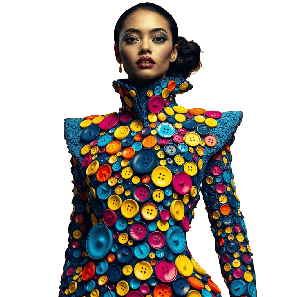 Haute Couture Artwork in Vibrant Blue, Yellow, and Purple
