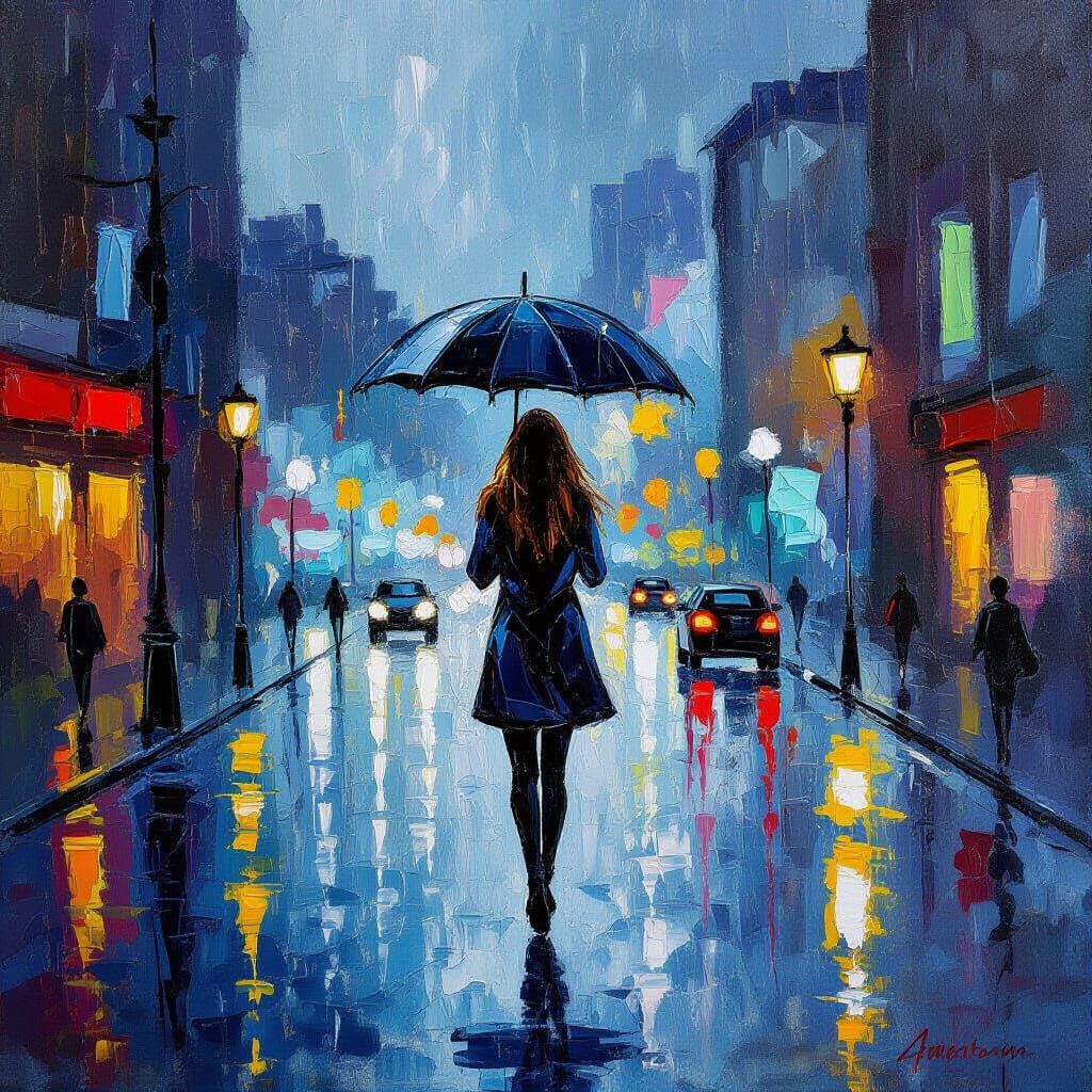 Oil painting. A lone figure walks joyfully in the rain, holding an umbrella. The city lights reflect off the wet pavemen...