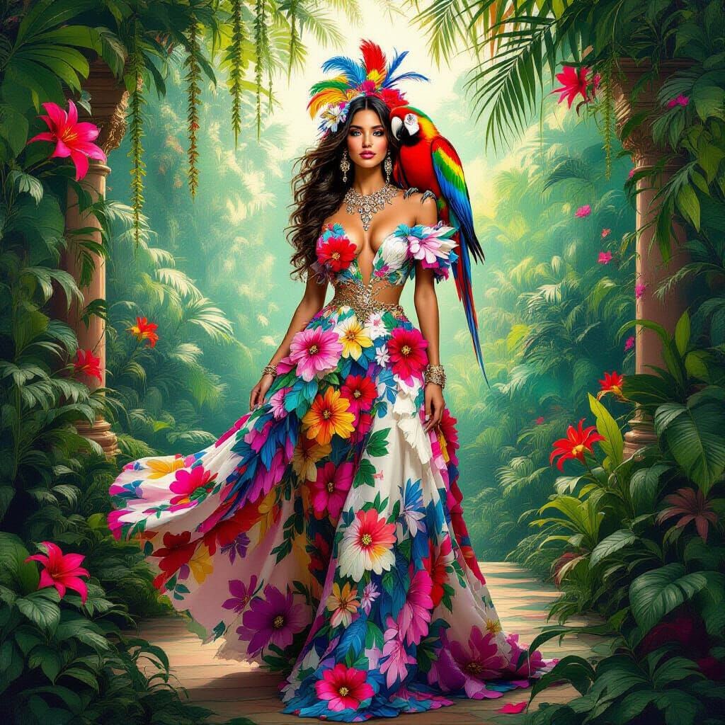 Woman in Floral Dress in Jungle Palace