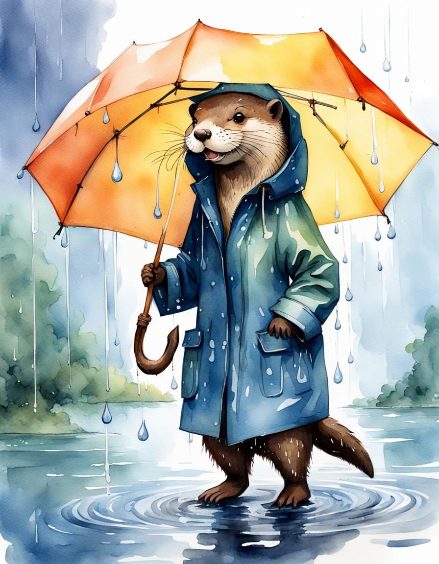 Happy Otter in Raincoat, Watercolor Concept Art