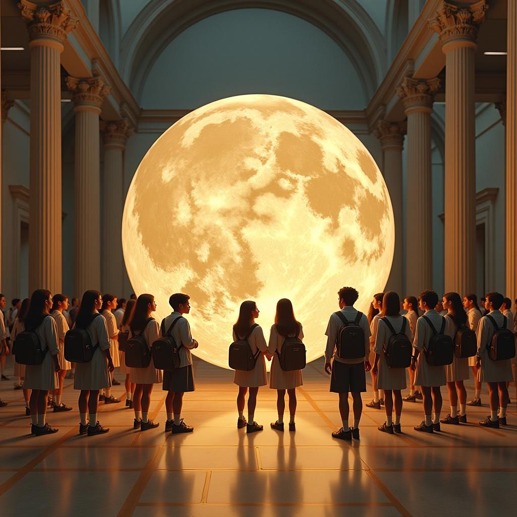 Hyperrealistic Students Gather Around Globe in Museum