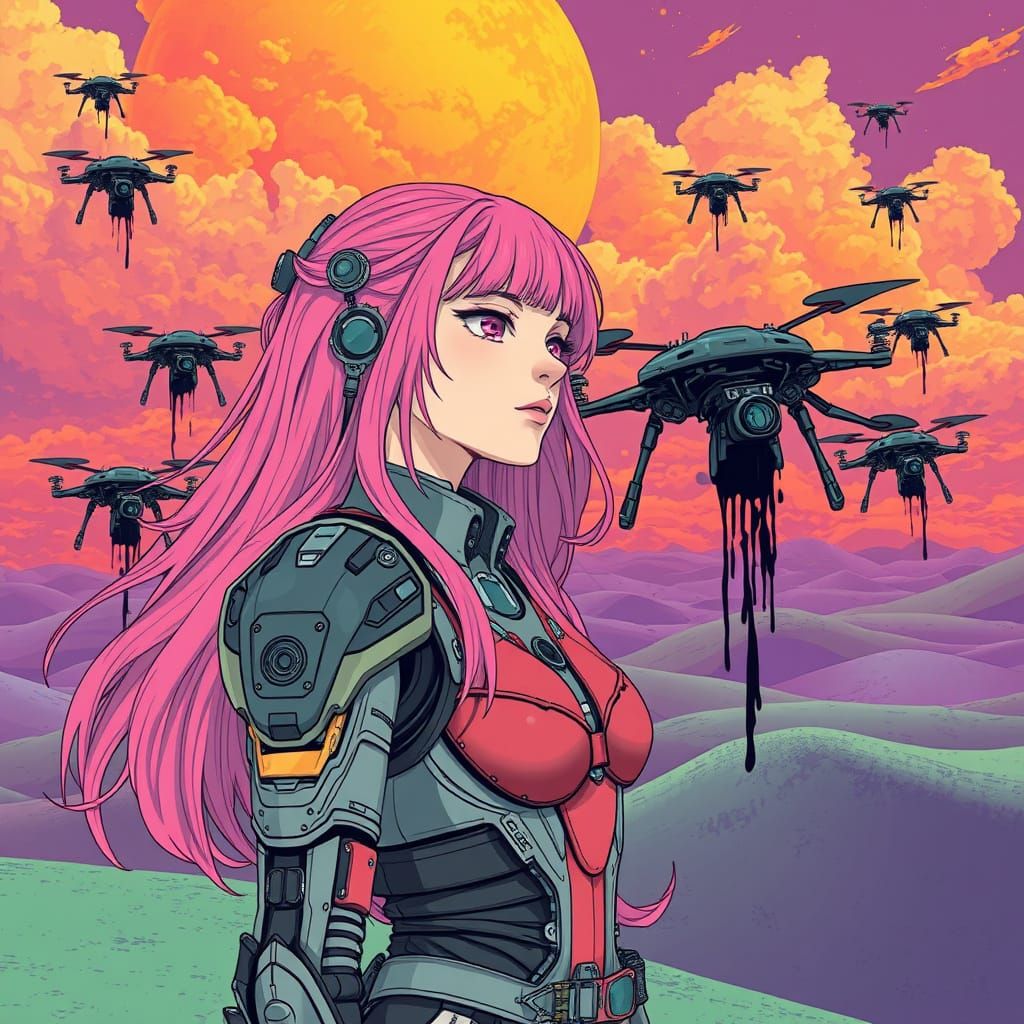 Girl in Cyberpunk Armor Amidst a Vibrant, Dreamlike Landscap...