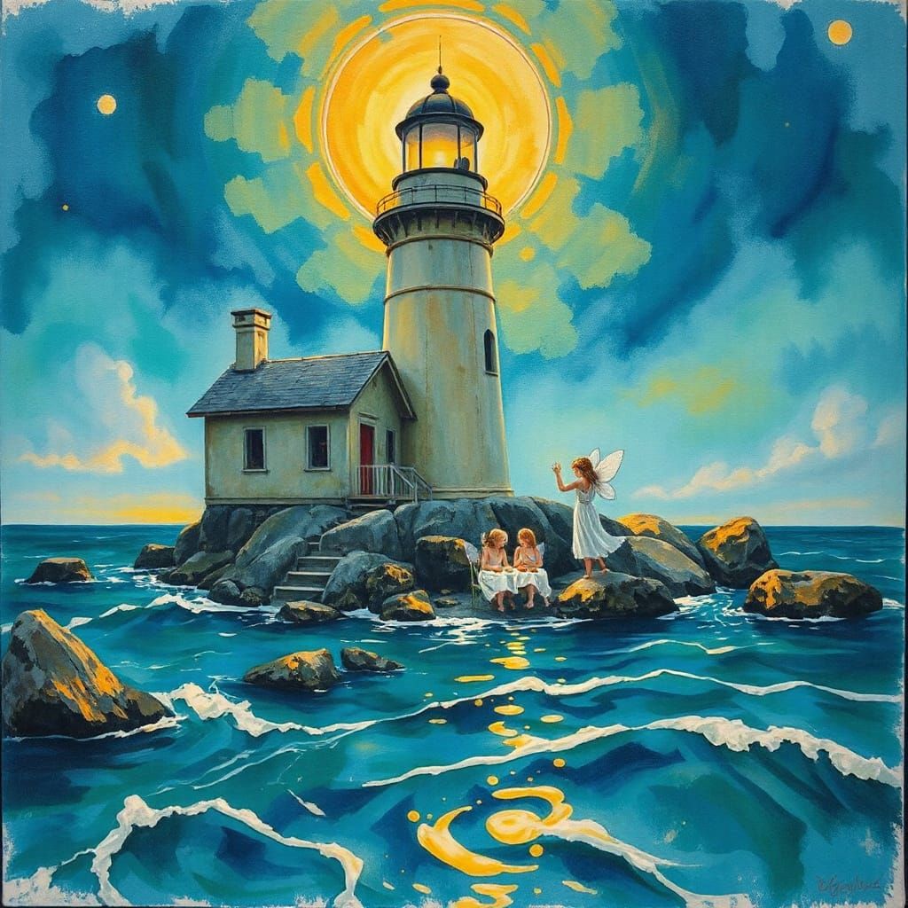 Mystical Lighthouse Picnic in Gouache Style