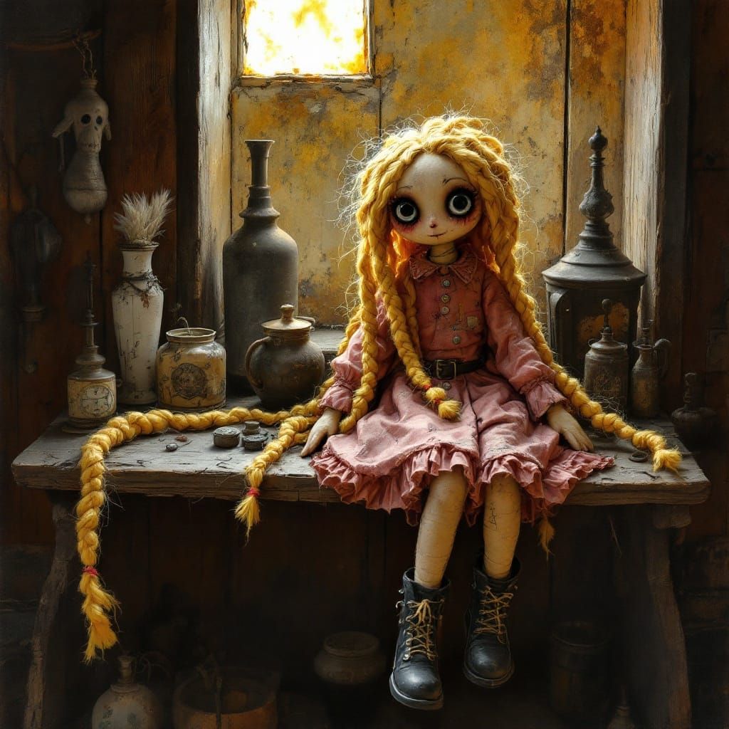 Whimsical Burlap Ragdoll in Rustic Wooden Building