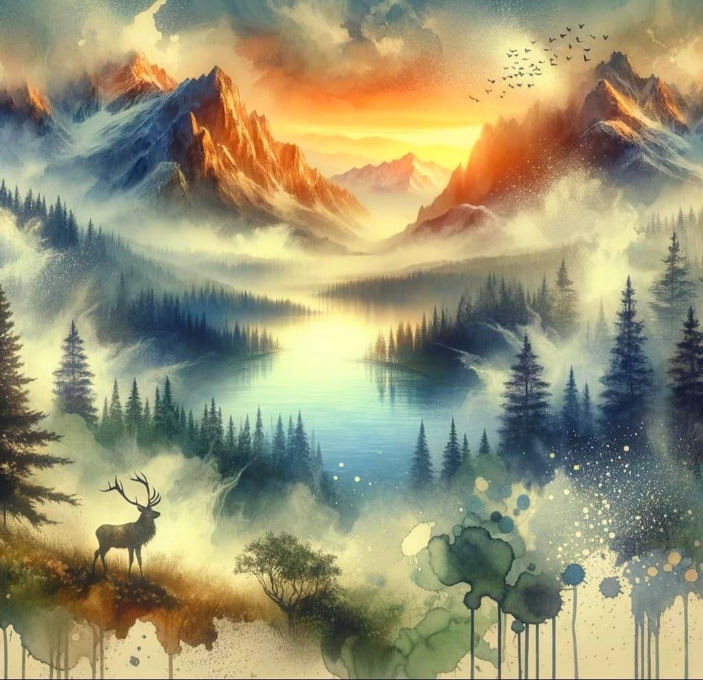Mystical Watercolour Valley with Majestic Stag