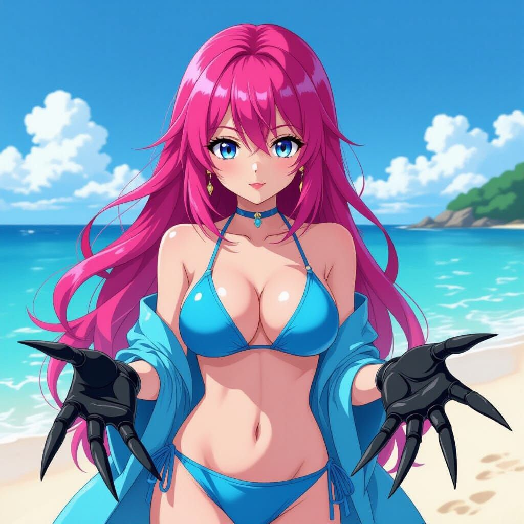 Anime Woman in Blue Bikini with Long Black Nails on Beach