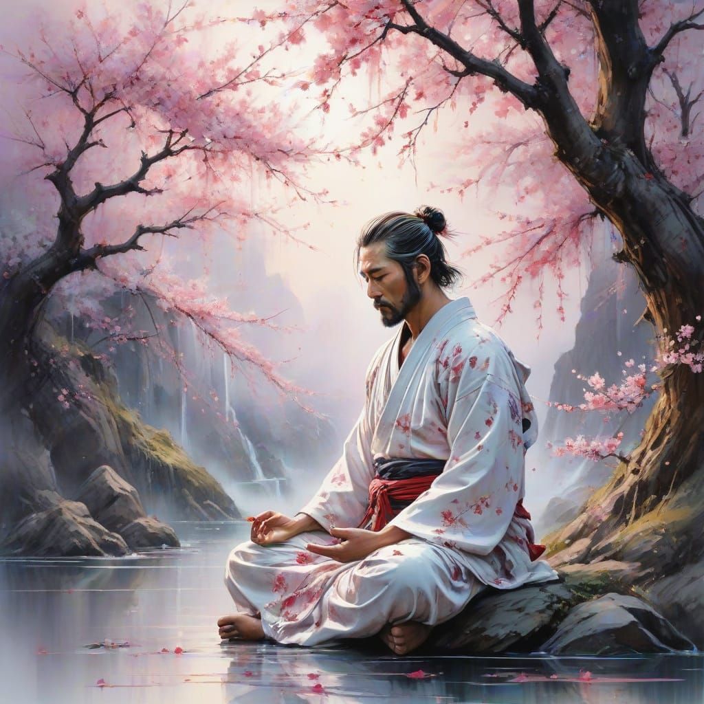 Surreal Samurai Meditates under Cherry Blossoms in Dreamlike...