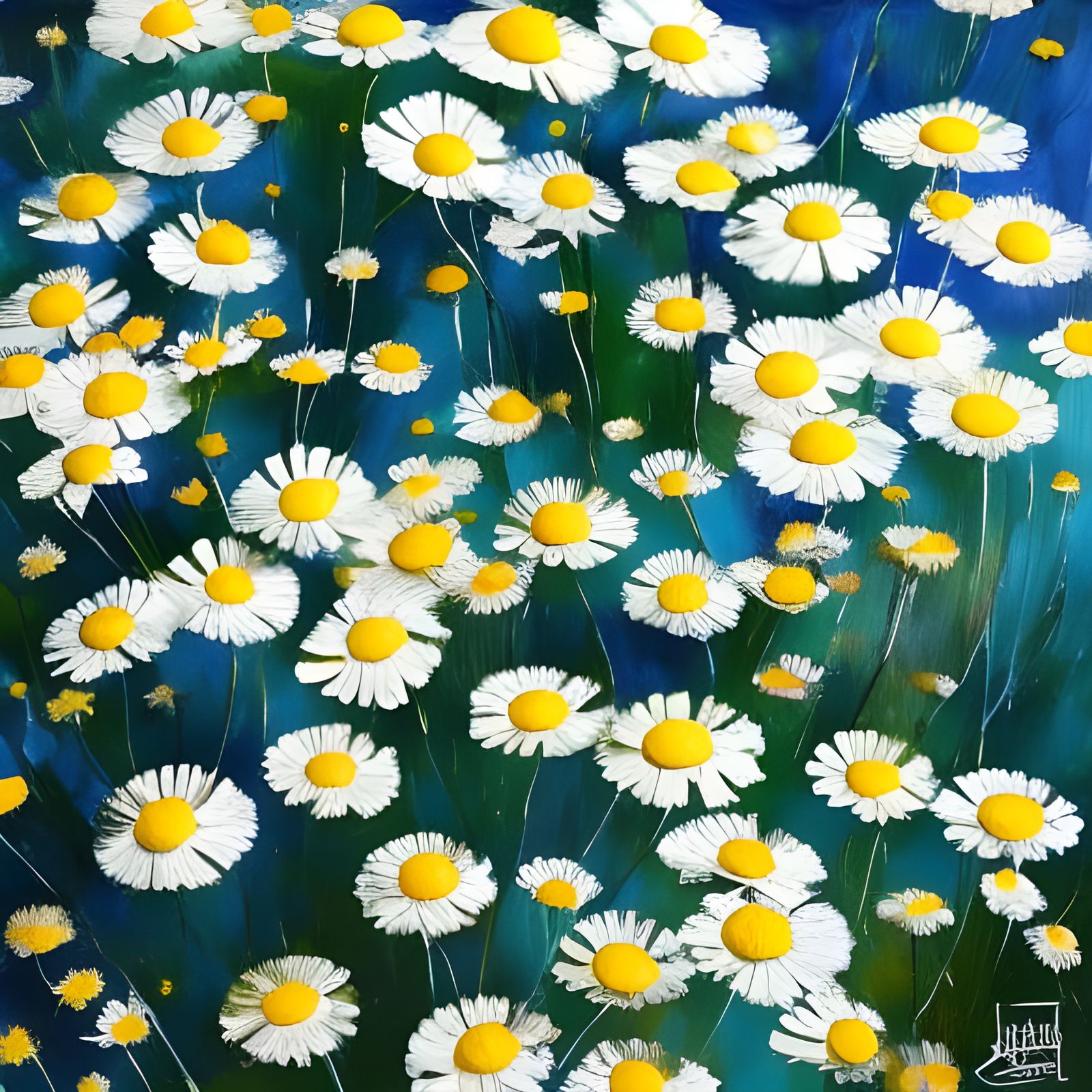 Detailed Chamomile with Paint Splatter and Ink Drips