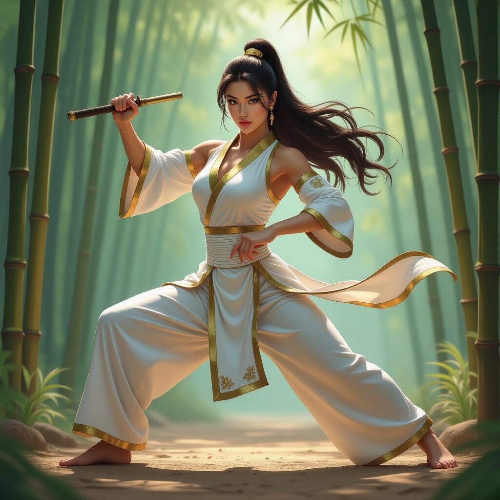 Muscular Woman in Crane Kung Fu Pose in Bamboo Forest