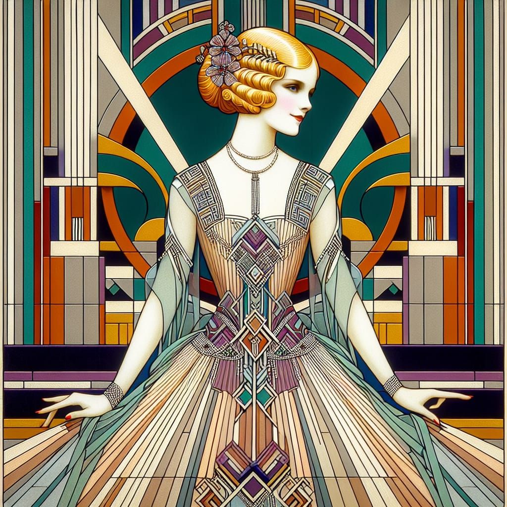 Elegant Woman in Art Deco Style Ballgown