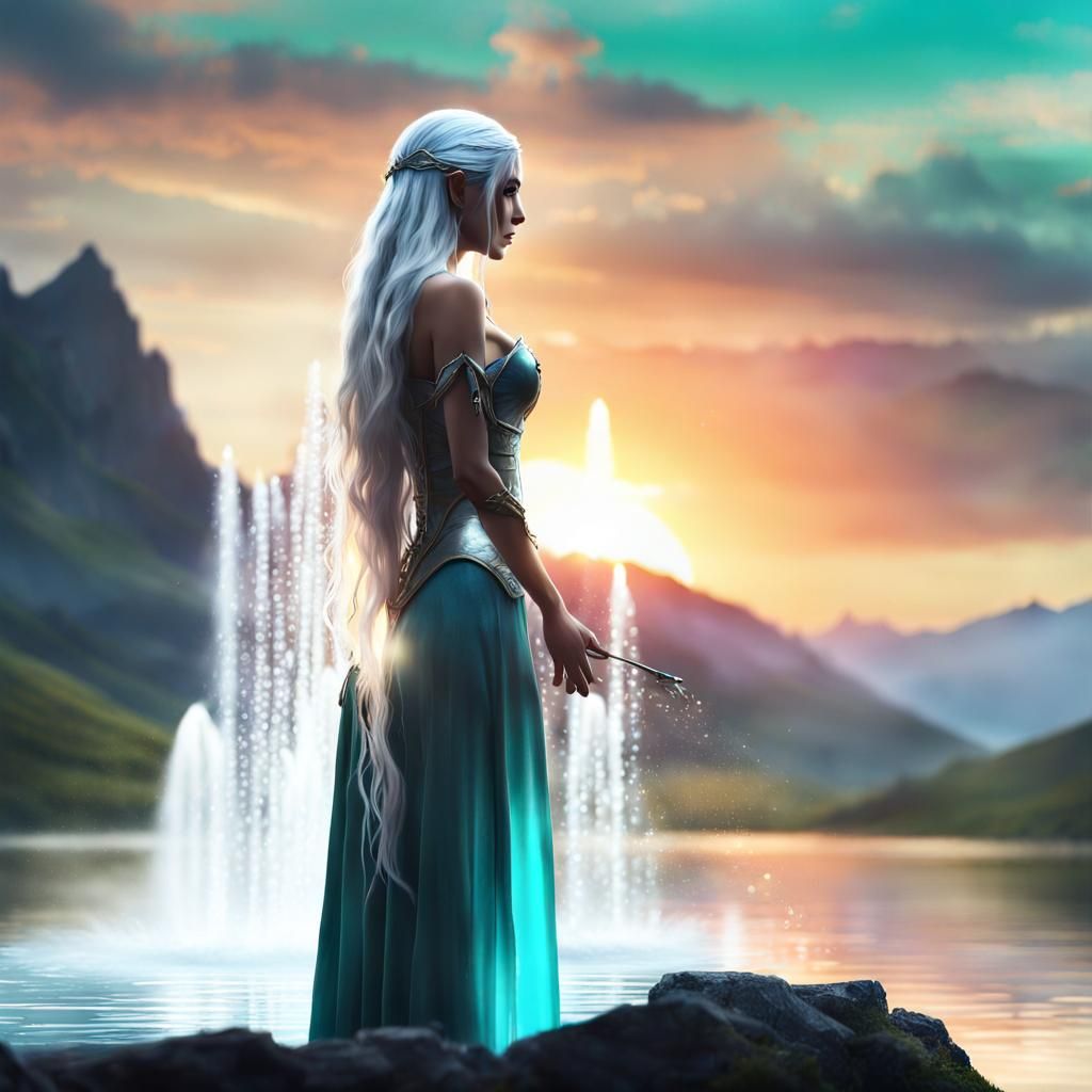 Elf Silhouette at Giant Water Fountain in Solarpunk Style