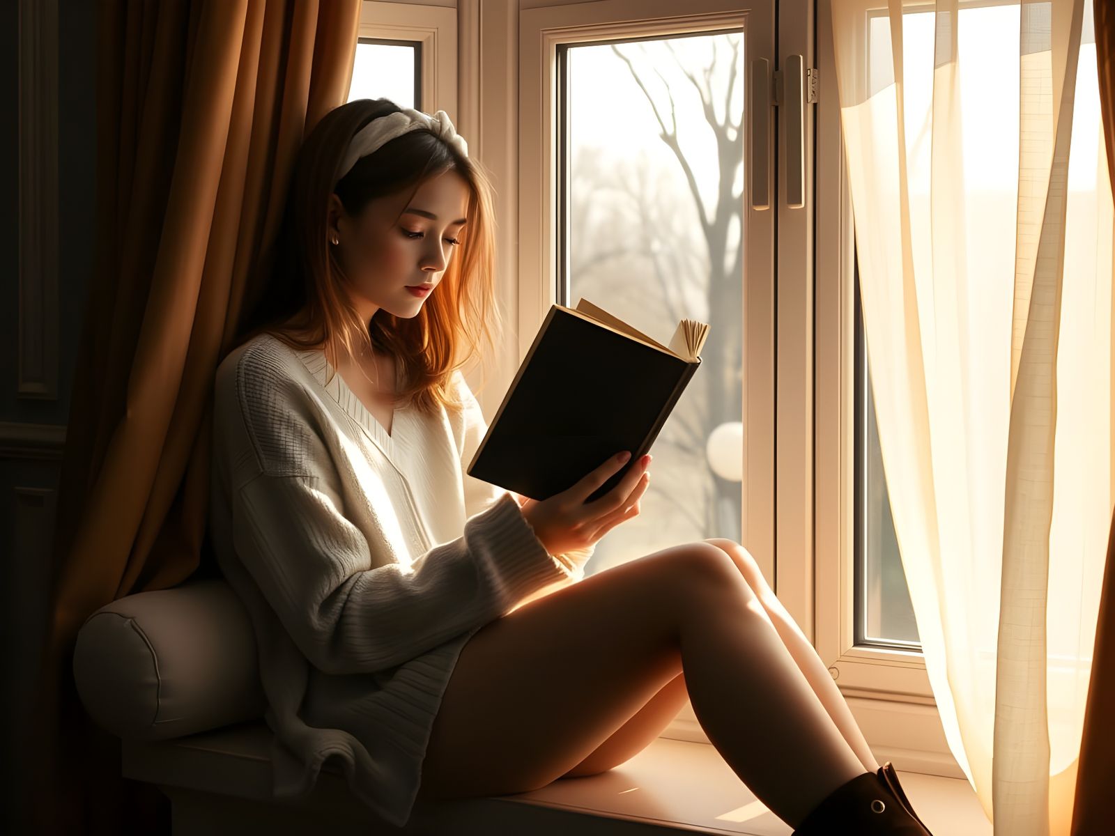 Girl Reading in Sunlit Window Seat