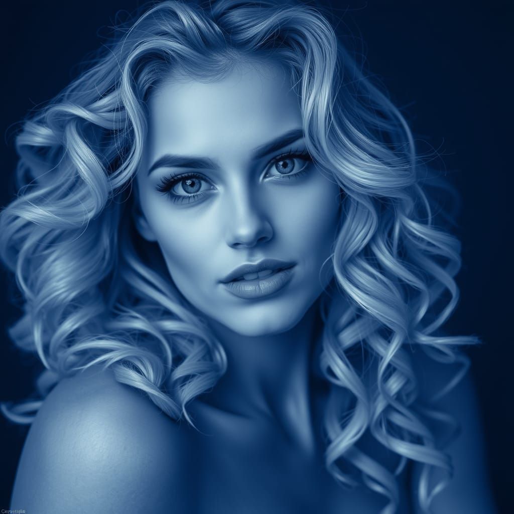 Monochromatic Blue Portrait of a Beautiful Woman