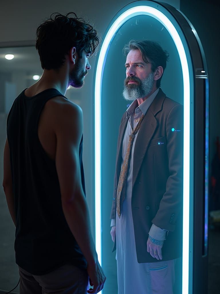 Cyberpunk Reflection: Young Man Gazing into Future Mirror