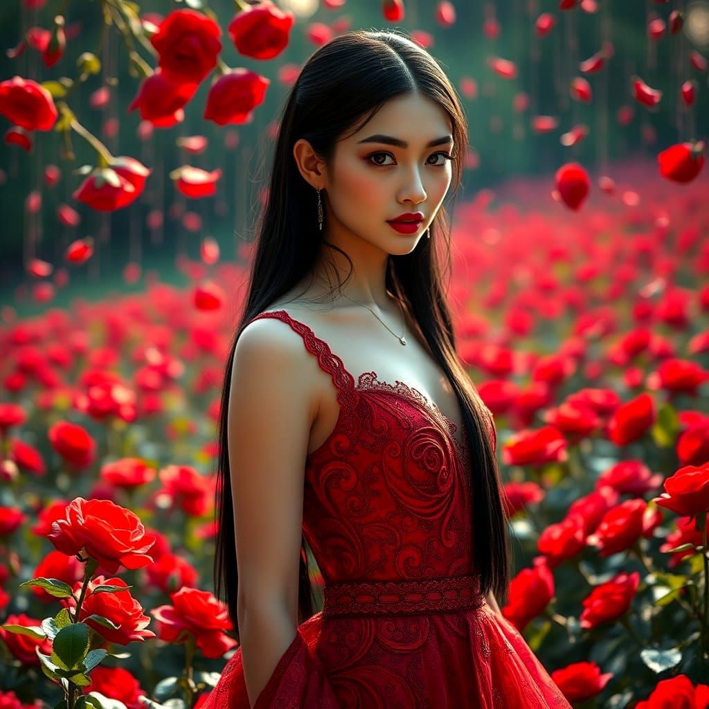 Elegant Woman in Red Roses Field: Hyperdetailed Portrait