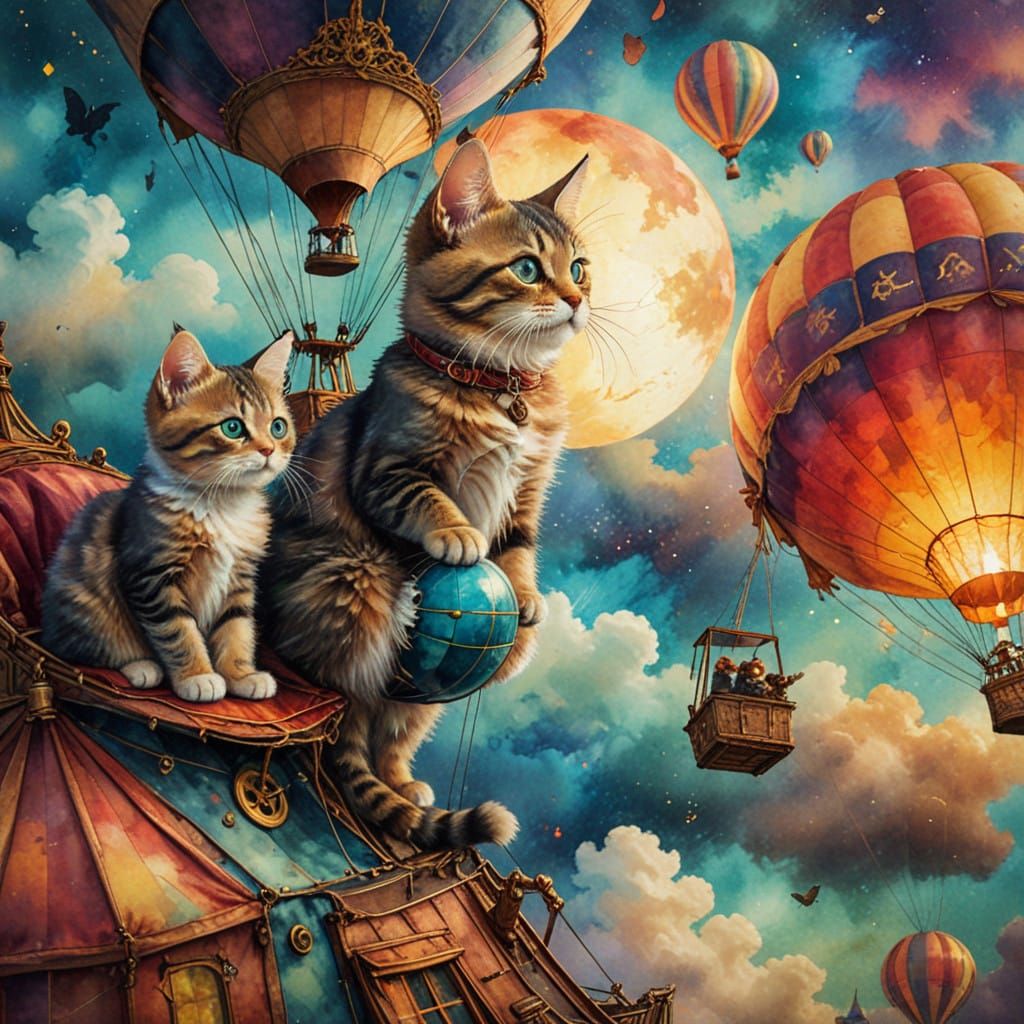 Steampunk Whimsy: Faded Antique Cats in Hot Air Balloon