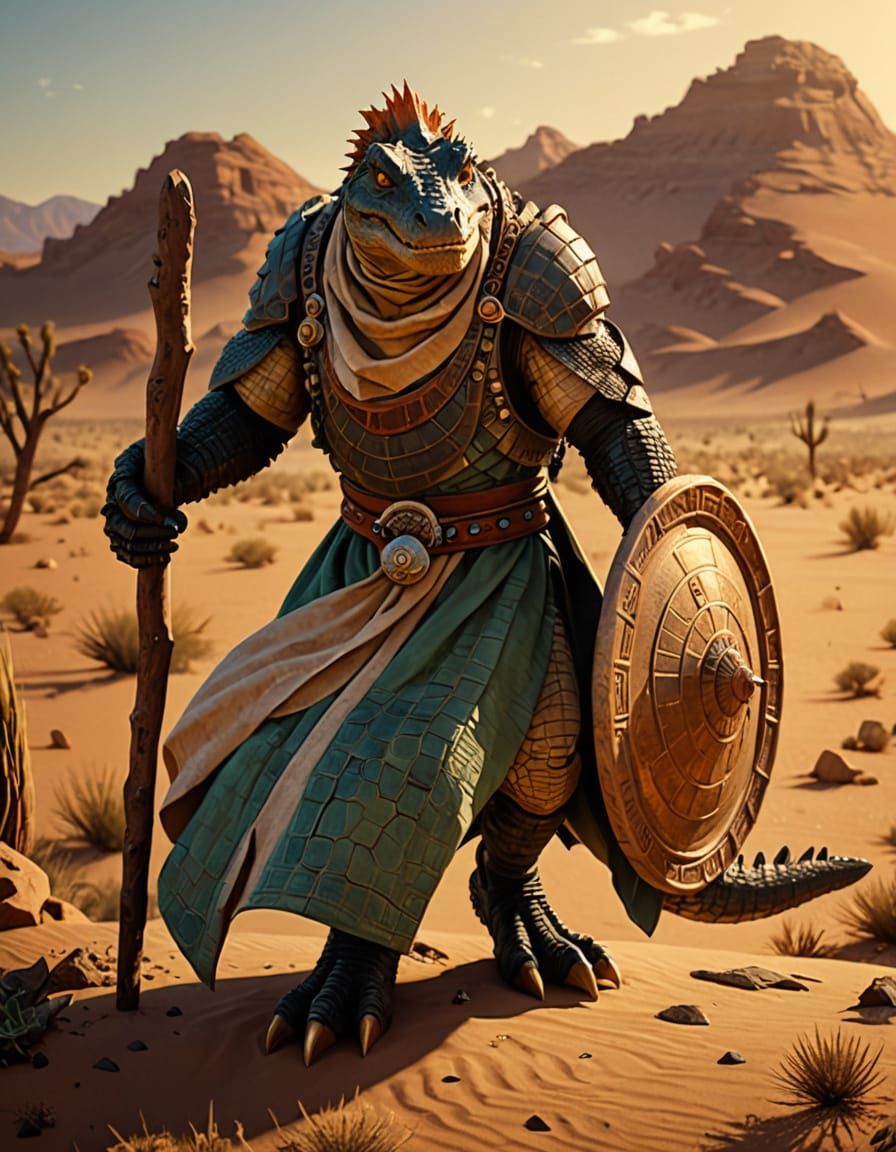 Fantasy Realism Oil Painting of a Lizardfolk Alligator in De...