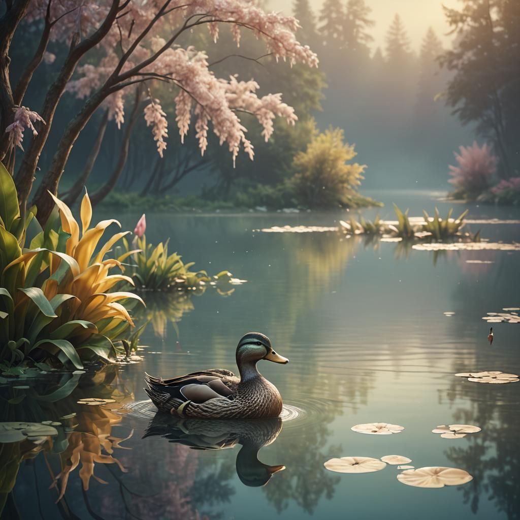 Whimsical Digital Art of Serene Duck-Banana Hybrid in Lush L...