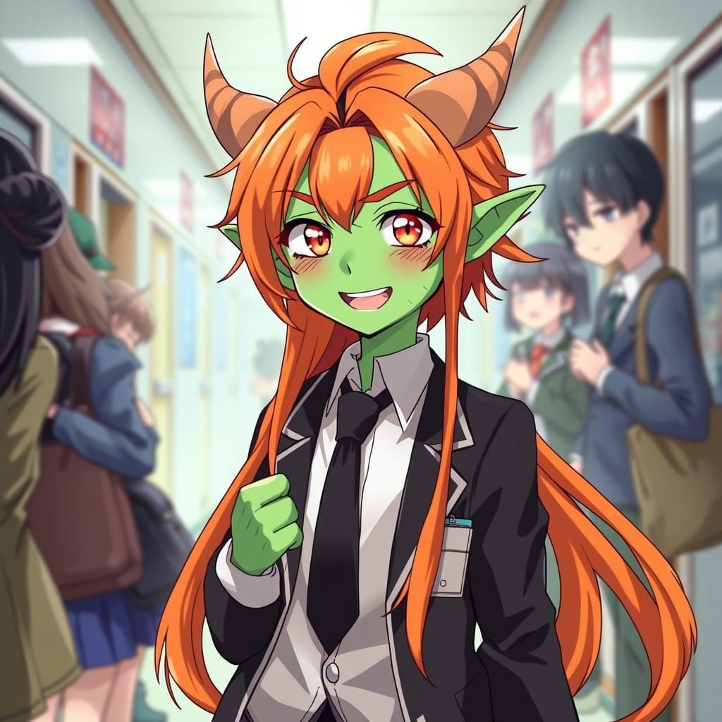 Vibrant Demon Elf in Anime-Inspired School Uniform