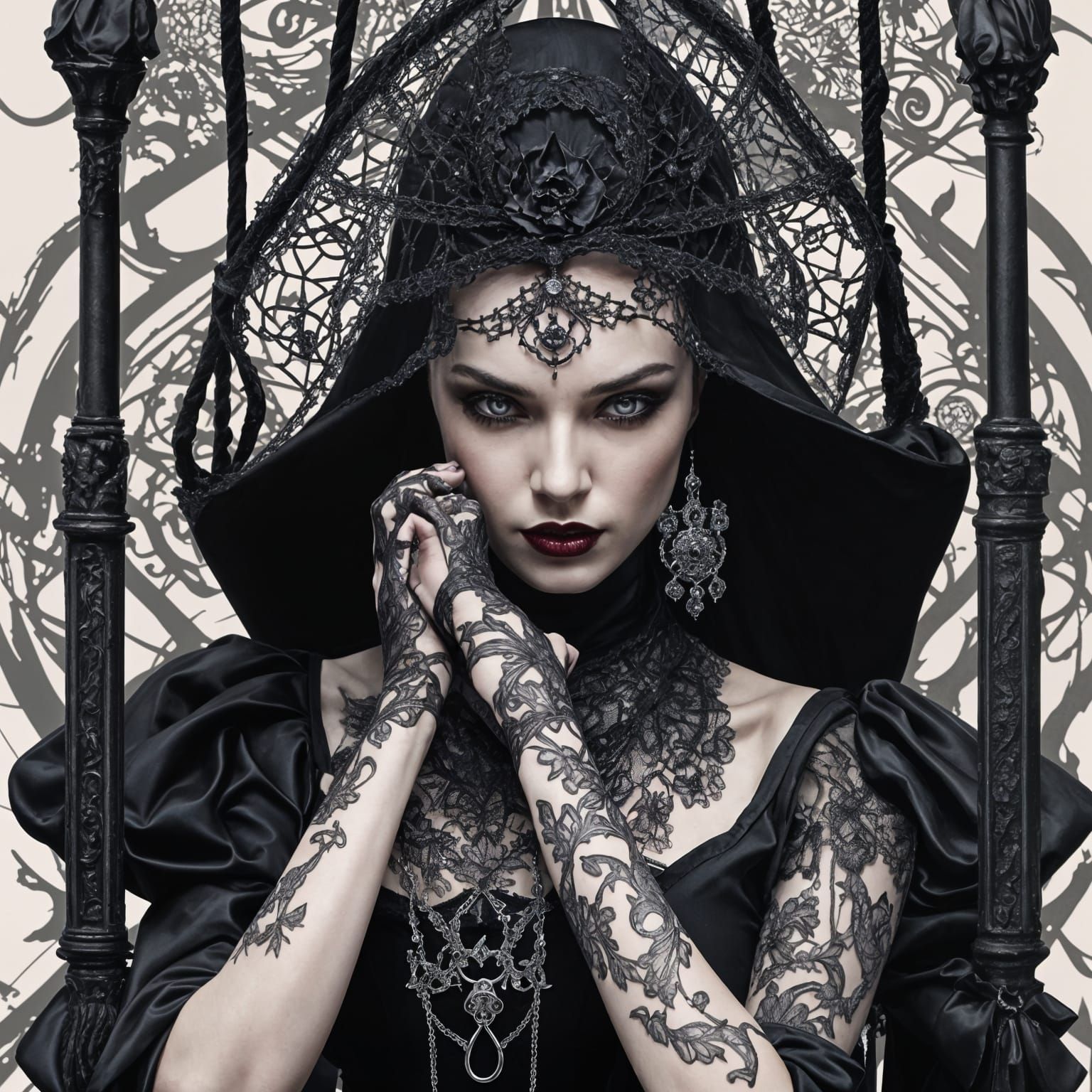Elegant Gothic Woman in Vintage Iron Bower Swing