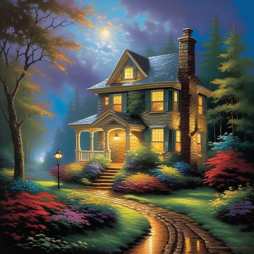 Thomas Kinkade Style Lonely House Painting