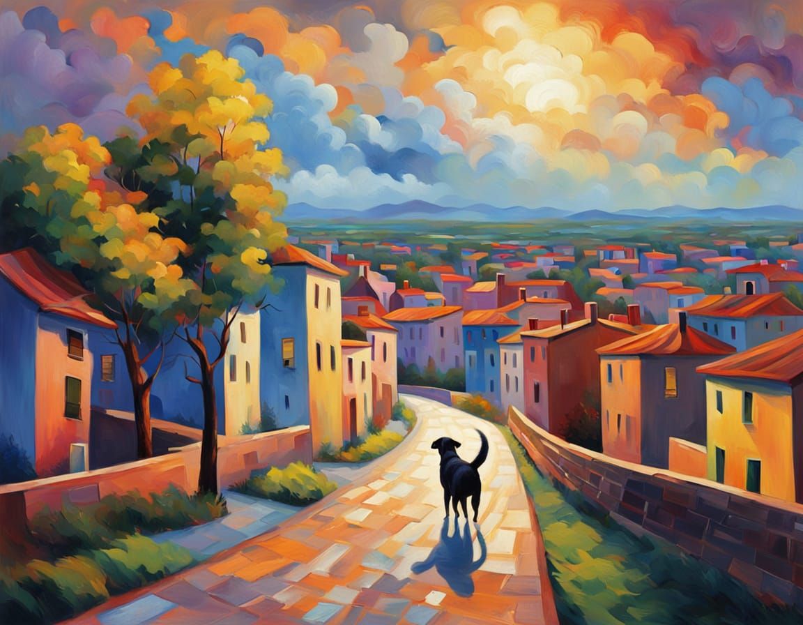 Impressionistic Dog Walks Home Through Colorful Town