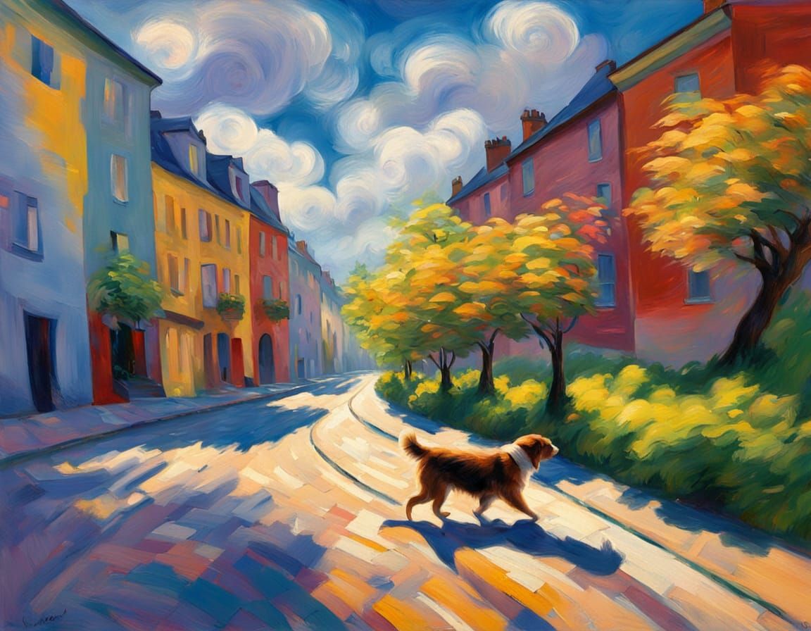Impressionistic Dog Walk on Winding Road