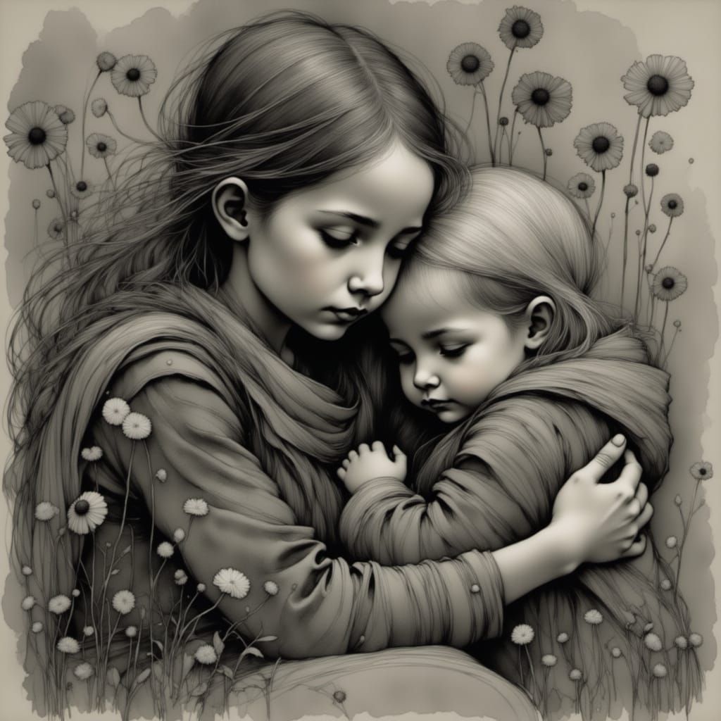 Mother Comforts Child in Expressive Charcoal Drawing