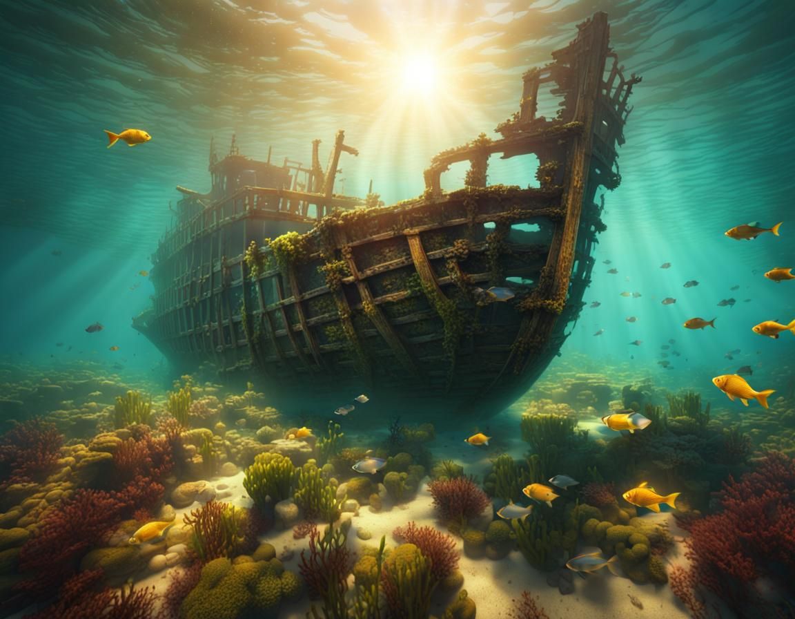 Sunken Shipwreck in Golden Light: 3D Rendering