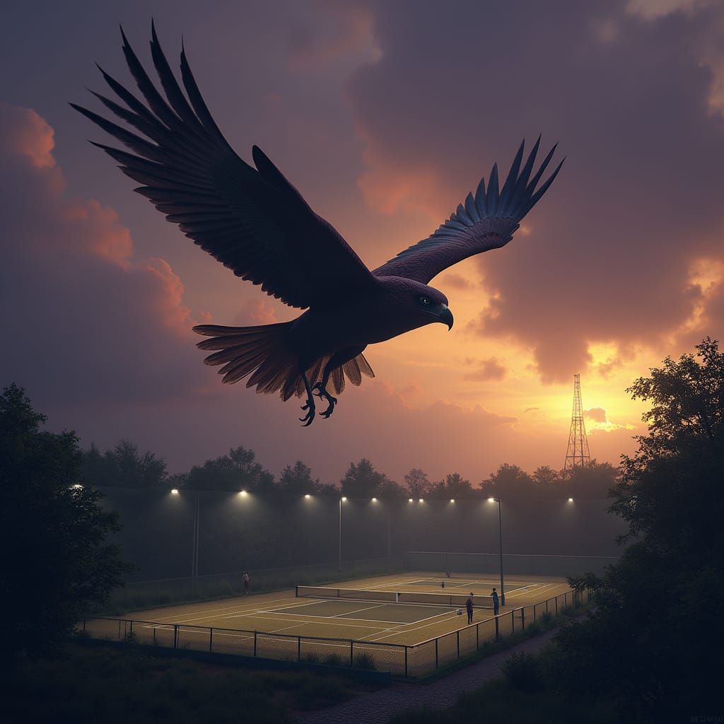 Hawk Soaring Over Tennis Courts in Dark Fantasy Style