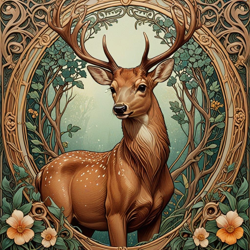 Elegant Art Nouveau Deer in Flourishing Floral Style