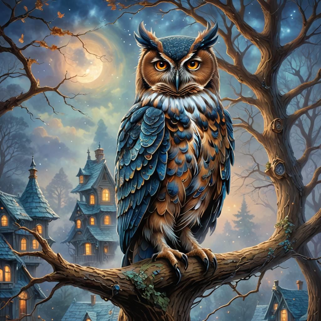 Mystical Owl on Treehouse Roof in Ethereal Style