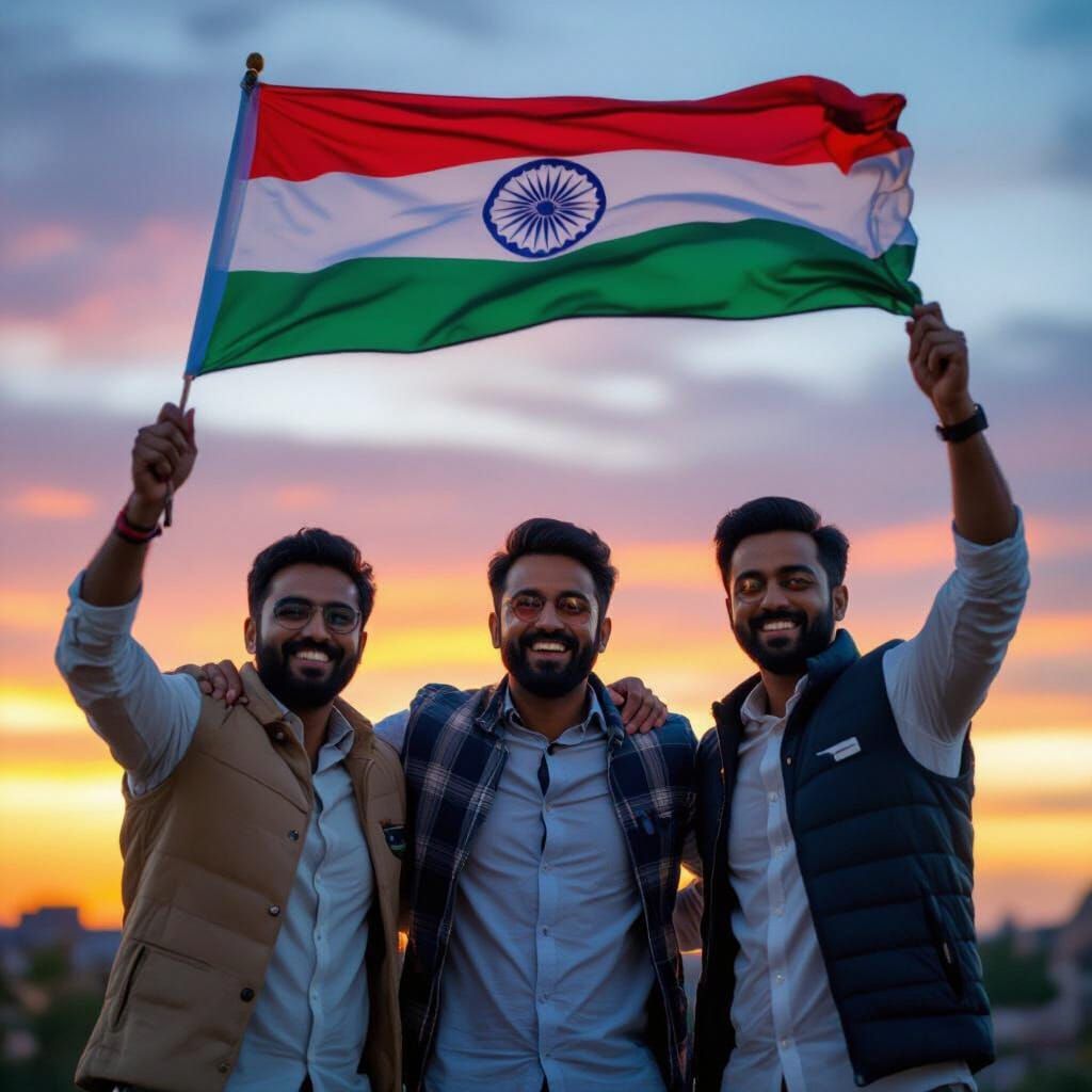 Proud Indian Men Wave Canadian Flag at Sunset