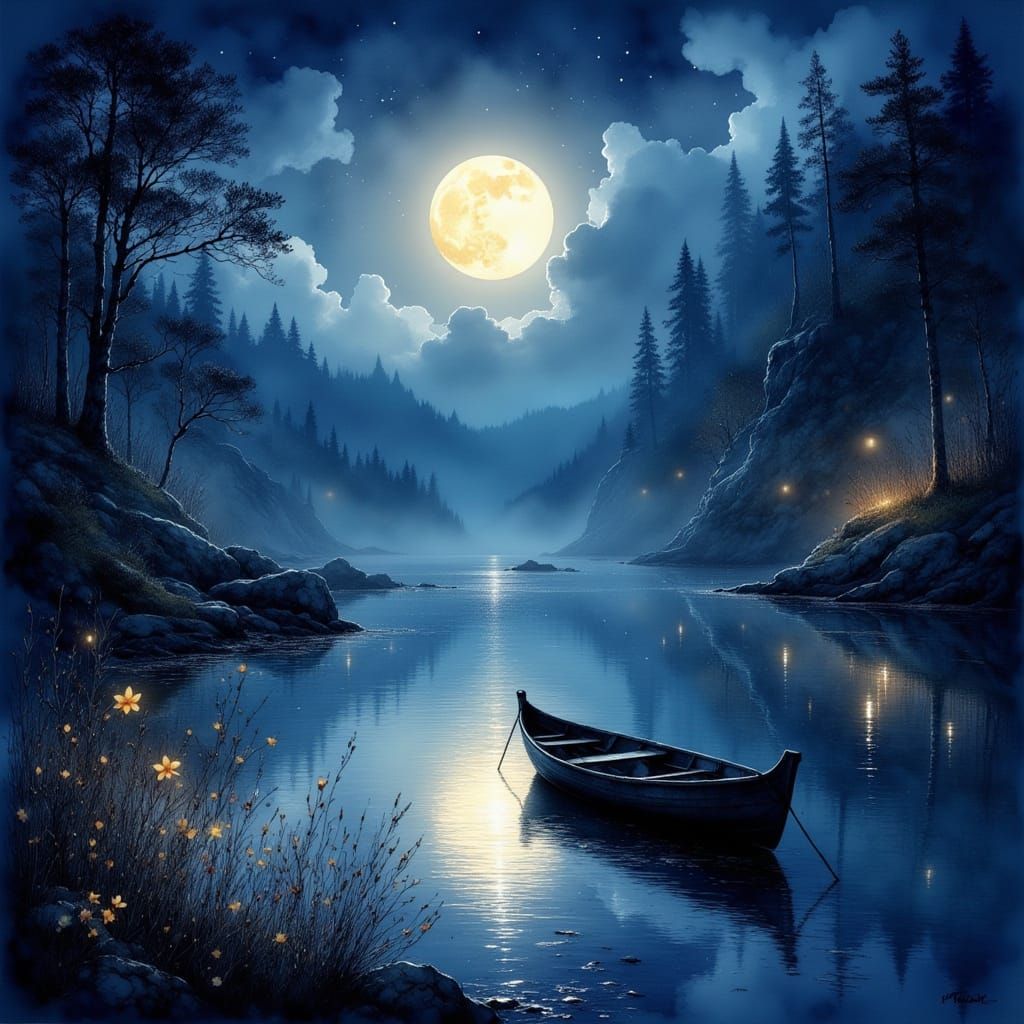 Moonlit Lake with Fireflies and Boat in Splash Art Style