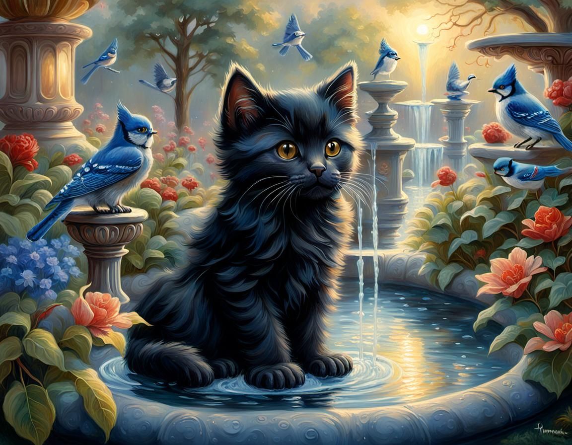 Kitten Watching Birds at Fountain, Hyperdetailed Oil Paintin...
