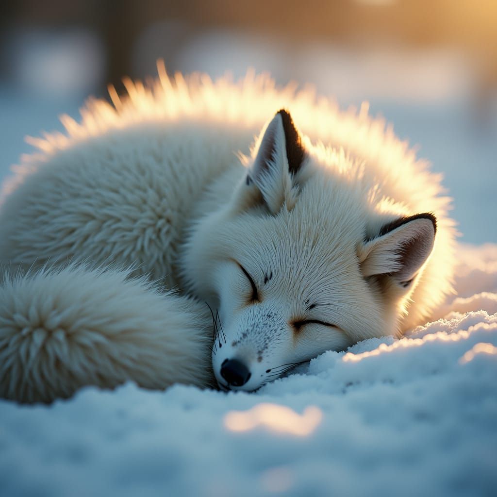 Arctic Fox Curled Asleep in Snowy Landscape