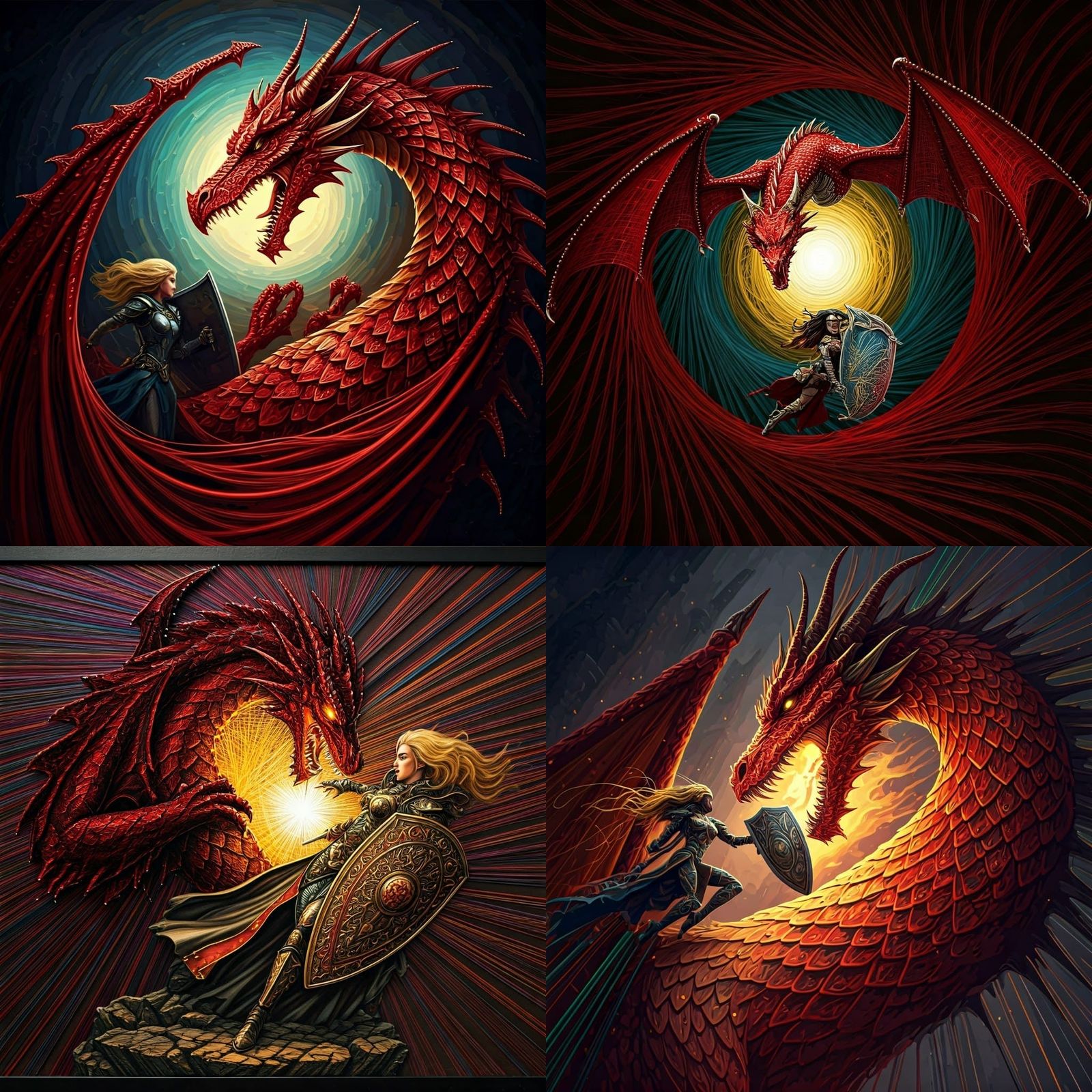 Red Dragon String Art Battle in Fantasy Style