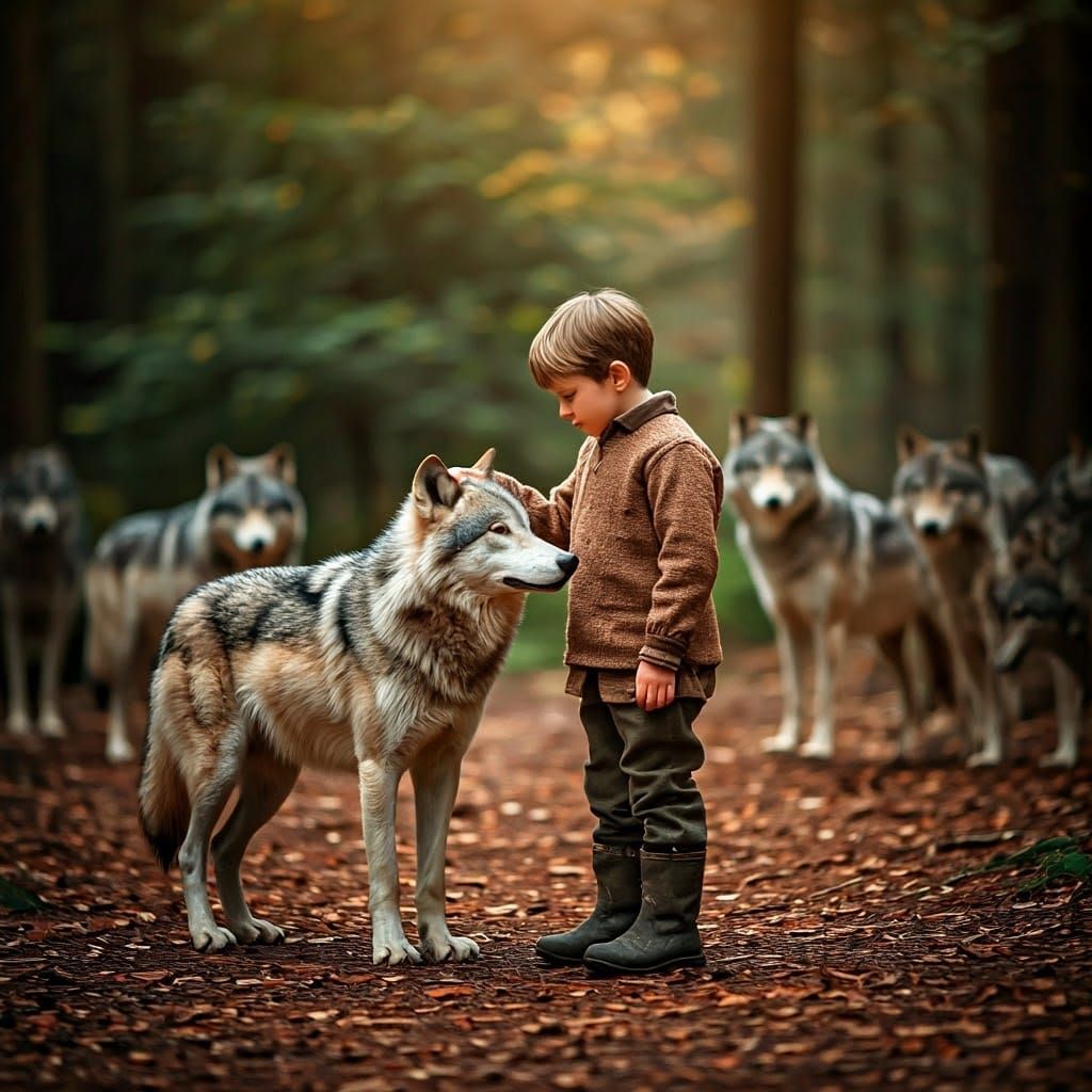 Boy Petting Wolf in Forest Clearing