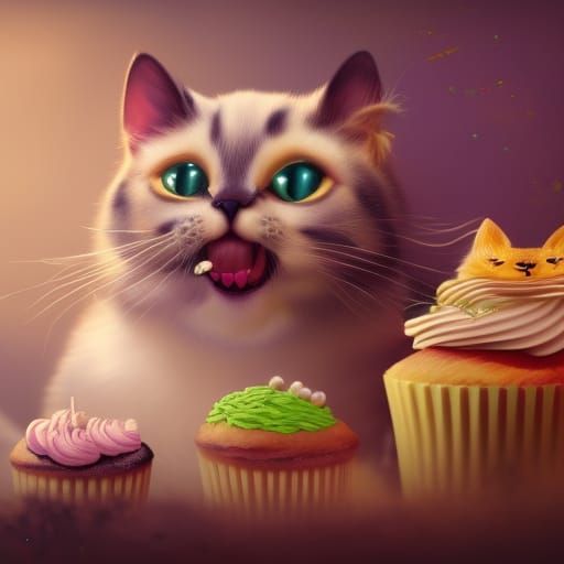 Cute Cat Eating Cupcake: Fantasy Concept Art