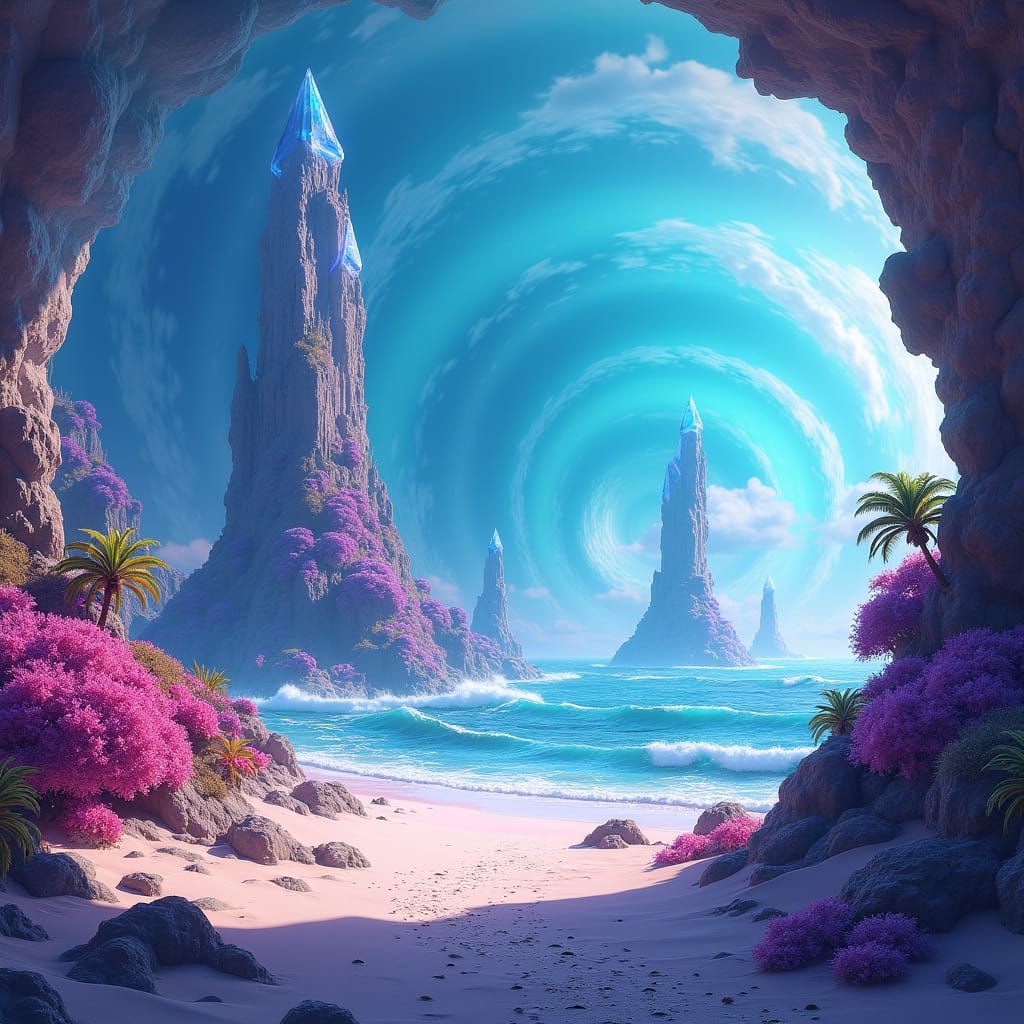 Dreamlike Beachscape with Crystal Spires as Digital Art