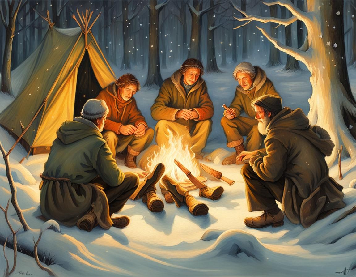 Campfire in Snowy Woods: Whimsical Fantasy Painting