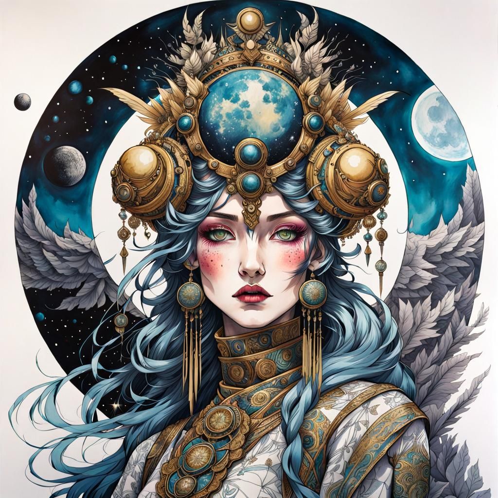 Apocalyptic Moon Queen in Art Deco Anime Style