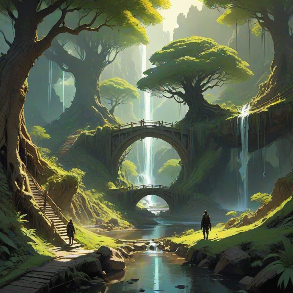 Trees Bridge Over Stream in Muted Earthy Tones