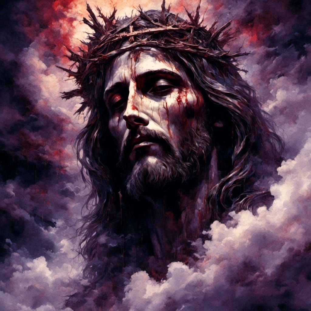 Jesus Christ Emerging from Clouds in Celestial Landscape