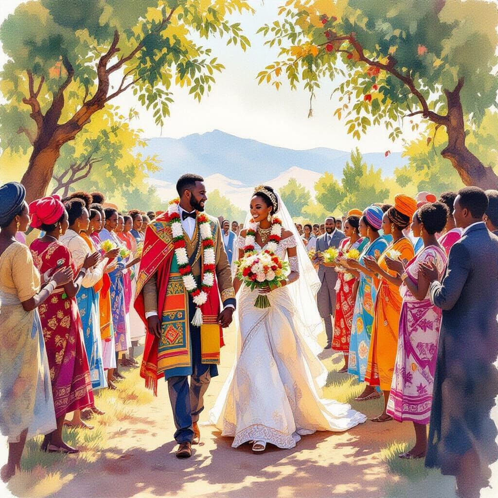 Vibrant Ethiopian Wedding Celebration in Watercolor