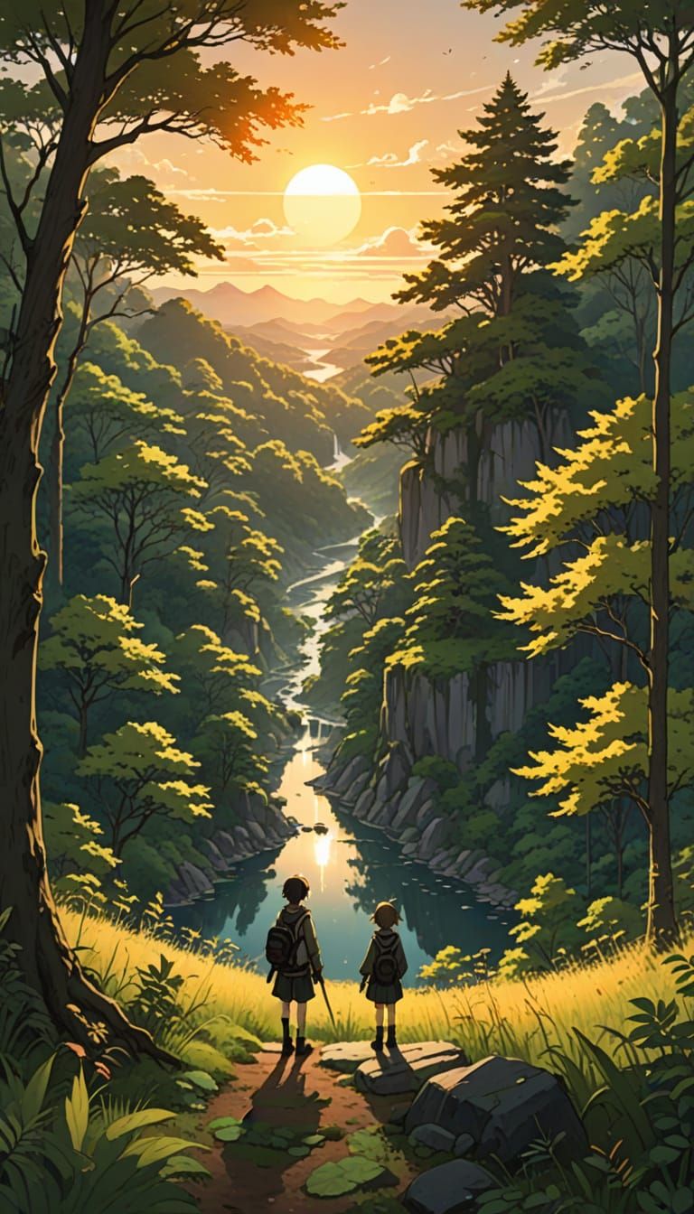 Golden Hour Sunset Over Serene Forest Edge