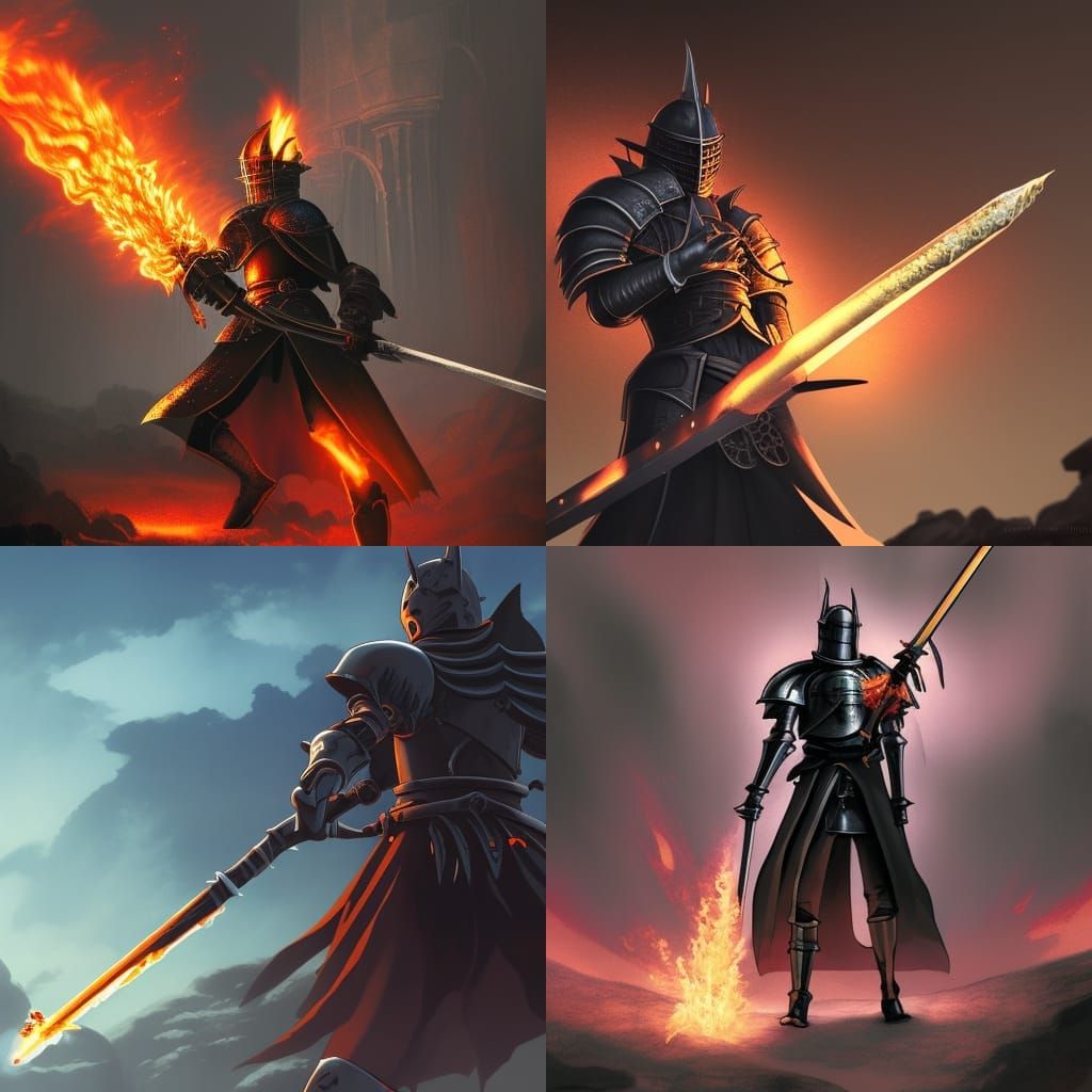 Black Knight with Flaming Sword: Studio Ghibli Style