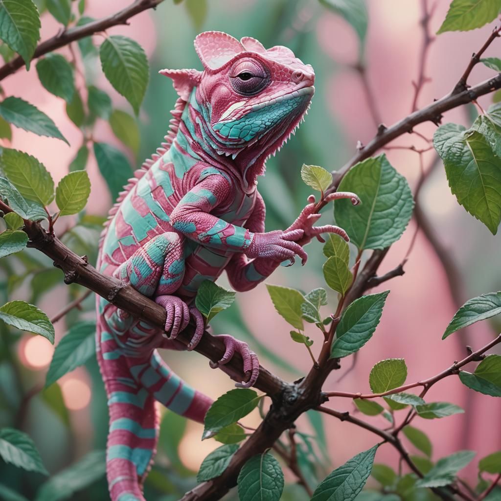 Pink Striped Chameleon on Mint Branch: Oil Painting