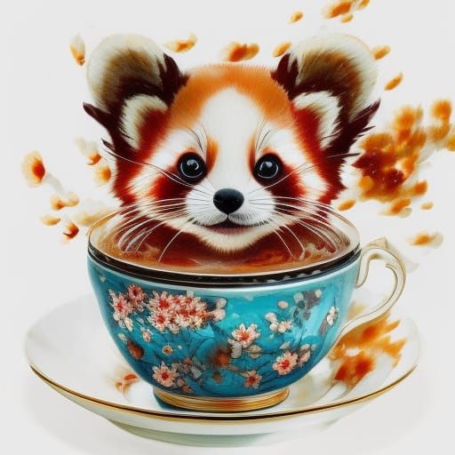 Red Panda in Teacup: Detailed Digital Painting